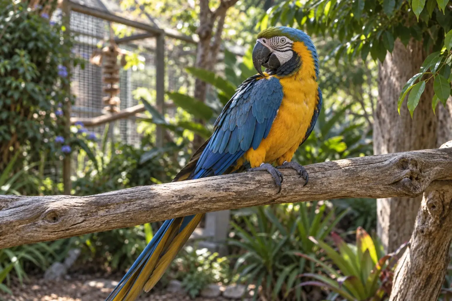 A parrot perched in a leafy outdoor setting.