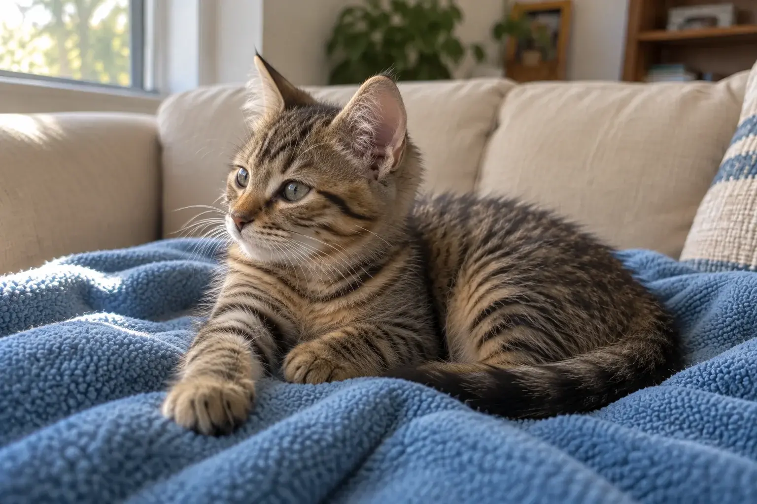 A tabby kitten resting on a blue blanket
