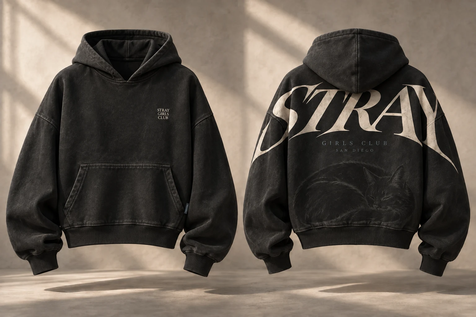 Original Black Pullover with oversized STRAY lettering, front and back views.